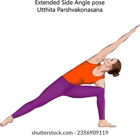 Young woman practicing yoga exercise, doing Extended Side Angle pose. Utthita Parshvakonasana. Standing and Lateral Bend. Intermediate. Isolated vector illustration.