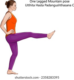 Young woman practicing yoga exercise, doing One Legged Mountain pose. Utthita Hasta Padangushthasana C. Standing and Balancing. Intermediate. Isolated vector illustration.