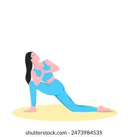 Young woman practicing yoga exercise, Revolved Crescent Lunge on the Knee pose. Parivritta Anjaneyasana. Standing and Twist. Intermediate.Flat vector illustration isolated on white background.