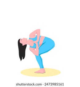 Young woman practicing yoga exercise, doing Revolved Chair pose. Parivritta Utkatasana. Standing and Twist. Beginner. Flat vector illustration isolated on white background.