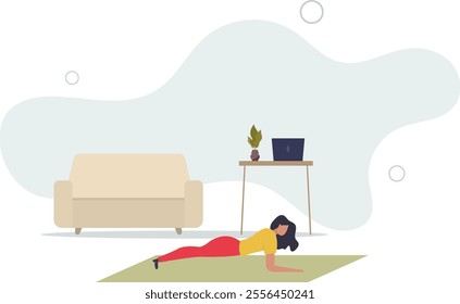 Young woman practicing yoga exercise at home. Forearm Plank.flat characters.