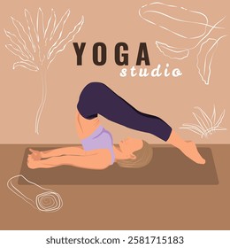 Young woman practicing yoga exercise, faceless style. Woman workout fitness, yoga studio, center poster. Plow pose