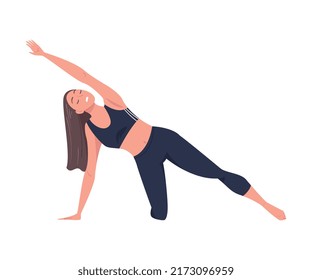 Young Woman Practicing Yoga Extended Side Angle Asana or Pose Stretching Body Vector Illustration