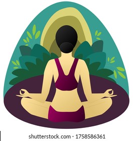 Young woman practicing yoga in the garden. Girl meditating in the Lotus position during sunrise or sunset. In balance with nature. Yoga vector illustration. 