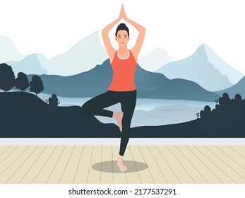 Joven practicando yoga. Feliz pose del árbol en medio de la naturaleza. Ilustración vectorial del concepto de estilo de vida saludable.