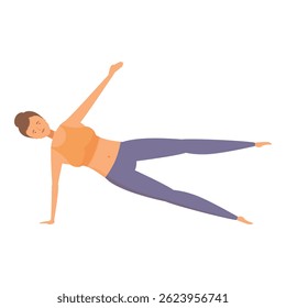 Young woman is practicing yoga, holding a side plank pose, demonstrating strength and flexibility