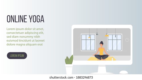 Young woman practicing yoga at home online. Vector illustration. Lotus pose. Banner or advertising. EPS 10