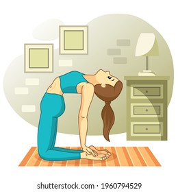 Young woman practicing yoga at home and meditating. Simple exercise at home. Physical and spiritual practice. Iillustration in flat cartoon style.