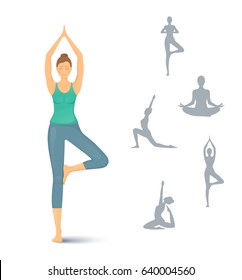 Young woman practicing yoga icon. beautiful women silhouettes in various poses. Healthy lifestyle. Vector set of yoga illustration. Set of stretching poses. Icon for yoga class.  poster background.
