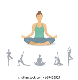 Young woman practicing yoga icon. beautiful women silhouettes in various poses. Healthy lifestyle. Vector set of yoga illustration. Set of stretching poses. Icon for yoga class.  poster background.

