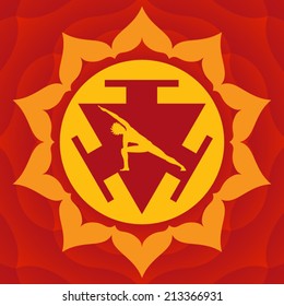 Young woman practicing yoga inside chakra symbol vector illustration