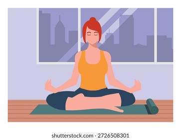 Junge Frau Yoga üben in einem Raum mit Stadt Wolkenkratzer Silhouette auf dem Hintergrund. einfache flache Darstellung.