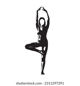 Young woman practicing yoga, isolated vector silhouette, ink drawing