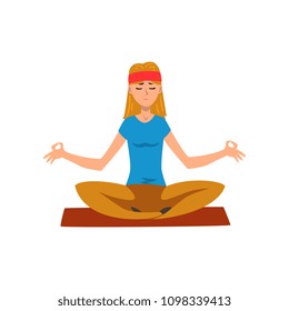 Young woman practicing yoga in lotus position, active healthy lifestyle concept cartoon vector Illustration on a white background