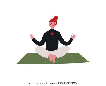 Young Woman Practicing Yoga in Lotus Position, Vector Illustration