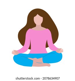 Young woman practicing yoga in lotus asana. Faceless illustration. Lady with long hair. Healthy lifestyle, sport and meditation concept. Breath awareness exercise. Flat style illustration. 
