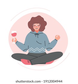 Young Woman Practicing Yoga and Meditating with Glass of Red Wine Cartoon Style Vector Illustration