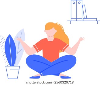 Young woman practicing yoga and meditating in lotus position for mindfulness at her workplace with binders on shelf and potted plant nearby