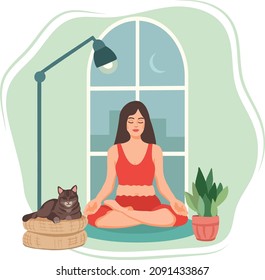 Young woman practicing yoga meditation at home. Beautiful girl, sitting in lotus position near the window. Flat vector illustration.  