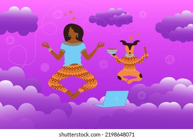 Young woman practicing yoga and meditation together with her dog on sky backgrpond with clouds.