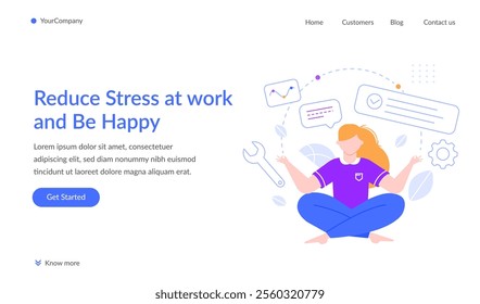 Young woman practicing yoga and meditation at workplace managing tasks, emails, messages, and different activities to reduce stress and be happy