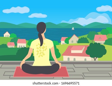 Young woman practicing yoga on terrace flat color vector. Village rural community scenic view cartoon background. Stay home fitness workout meditation. Staycation relax on countryside illustration