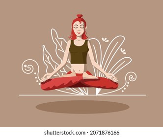 Young woman is practicing yoga. Person is levitating in lotus position. Yoga basic asana. Vector illustration