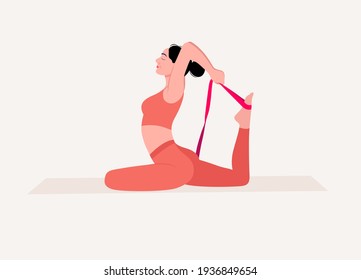 Young woman practicing Yoga pose with yoga with straps . Woman workout fitness, aerobic and exercises. Vector Illustration.