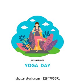 Young woman practicing yoga poses in the city park. Banner, poster template. Vector illustration of international yoga day