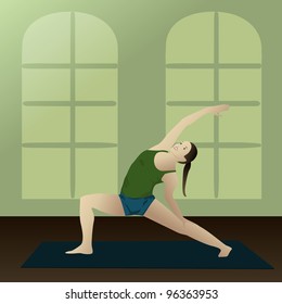 Young woman practicing yoga Reverse Warrior 2, in room