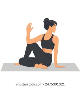 Young woman practicing yoga in seated twist pose. Yogi girl performing physical activity isolated on light background. Flat vector illustration.