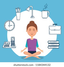 young woman practicing yoga with set icons