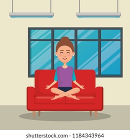 young woman practicing yoga in the sofa