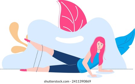 Young woman practicing yoga, stretching, smiling in a side plank pose. Female engaged in physical fitness, sporting outfit. Yoga exercise and healthy routine vector illustration.