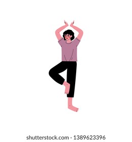 Young Woman Practicing Yoga in Tree Pose, Physical Workout Training, Active Healthy Lifestyle Vector Illustration