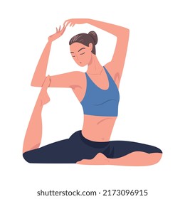 Young Woman Practicing Yoga Twisting Asana or Pose Stretching Body Vector Illustration