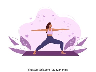 Young woman practicing yoga in warrior pose. Girl in cartoon flat style. Beautiful woman doing exercise, healthy lifestyle. Vector illustration