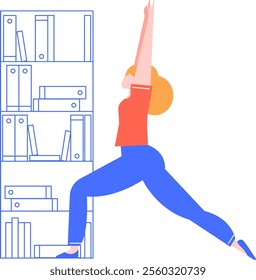 Young woman practicing yoga in warrior pose in her office or home office, stretching her body and arms up, next to a bookshelf full of ring binders and books