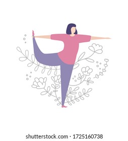 Young woman practising yoga. Exercising lady and floral ornament. Cute doodle flowers, plants in line style. Beautiful design of female yoga classes. Vector illustration on stretching workouts.