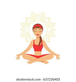 Young woman practising yoga in lotus position, colorful character vector Illustration