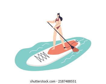 Young woman practive paddleboard during summer vacation on seaside resort. Girl riding sup board with paddle in sea. Beach activities and recreation concept. Cartoon flat vector illustration