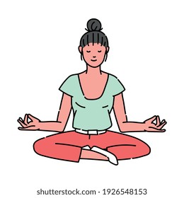 Young woman in the prayer position or yoga lotus pose, sketch vector illustration isolated on white background. Cartoon character of meditating woman.