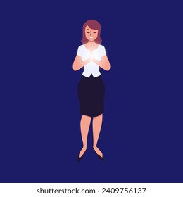 Young woman praying, cartoon style vector illustration on dark background. Female character in casual clothes, girl stand with closed eyes, hands folded in front. Design concept