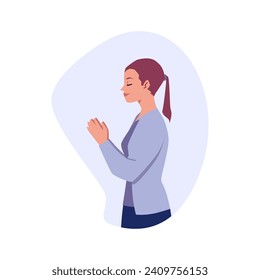 Young woman is praying, cartoon style vector illustration isolated on white background. Female character, girl stand with closed eyes, hands folded in front. Design concept