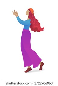 Young woman praying with hands up. Beautiful redhead girl in blouse and skirt isolated on white background. Faith and religion vector illustration. Woman dancing with hands up character in flat style.