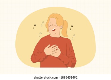 Young woman praying and holding hands crossed on heart concept for banner, poster, website, etc.