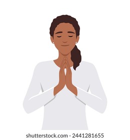 Mujer joven rezando. Mujer hermosa medita. Zen y relajación. Ilustración vectorial plana aislada sobre fondo blanco