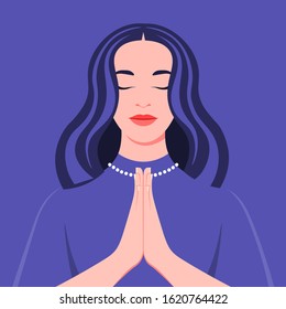 A young woman prays to god. Portrait of a girl with closed eyes in the temple. Vector flat illustration