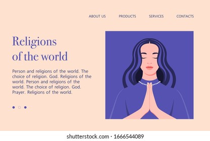 A young woman prays to god. Portrait of a girl with closed eyes in the temple. Website template and landing page. Vector flat illustration
