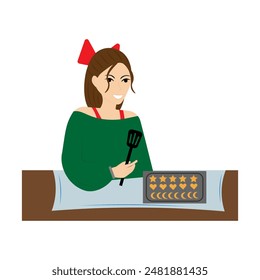 A young woman prepares delicious homemade cookies. Element for design, print, sticker, postcard, decoration, packaging